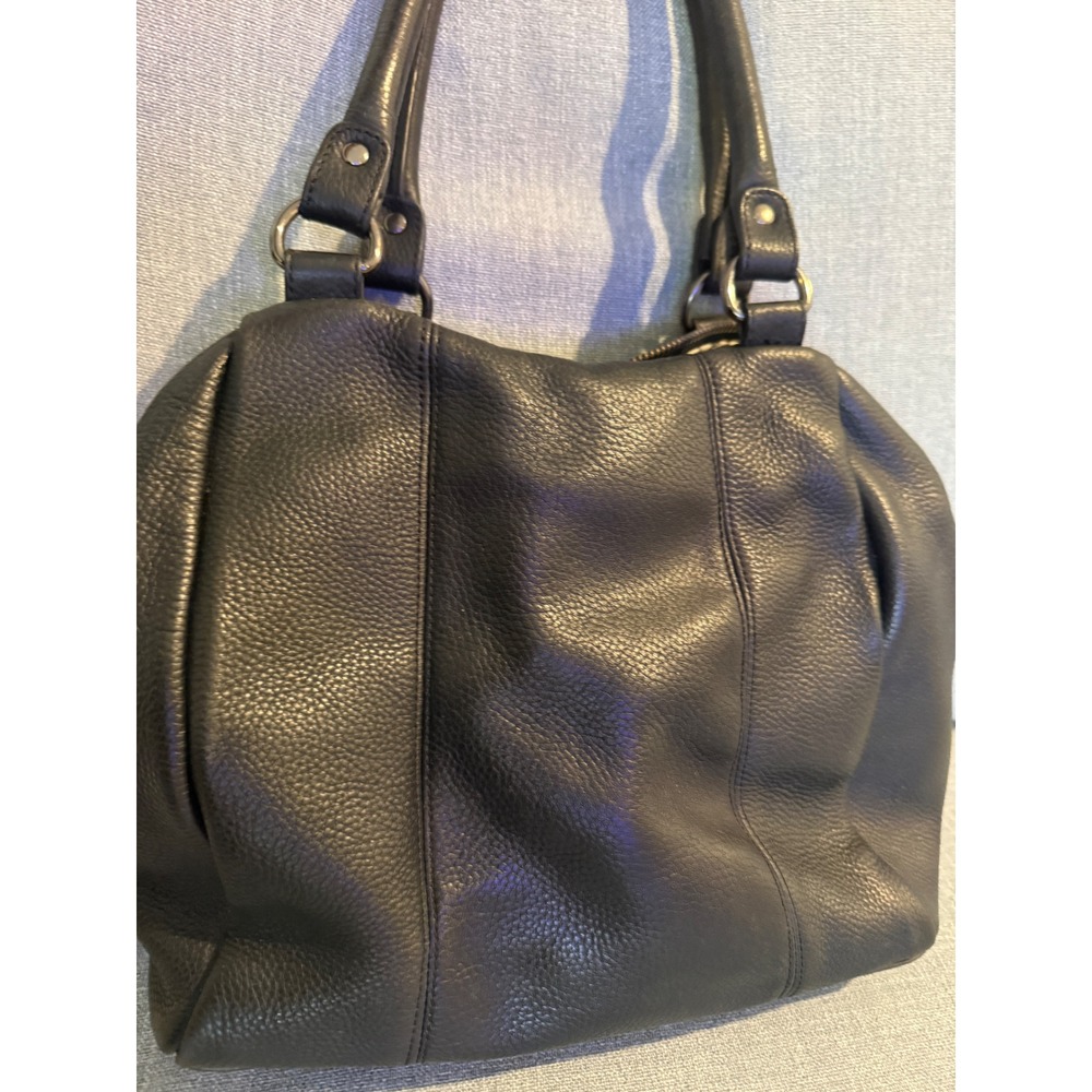 Status Anxiety Black Pebbled Leather Satchel Bag Silver Hardware Striped Lining